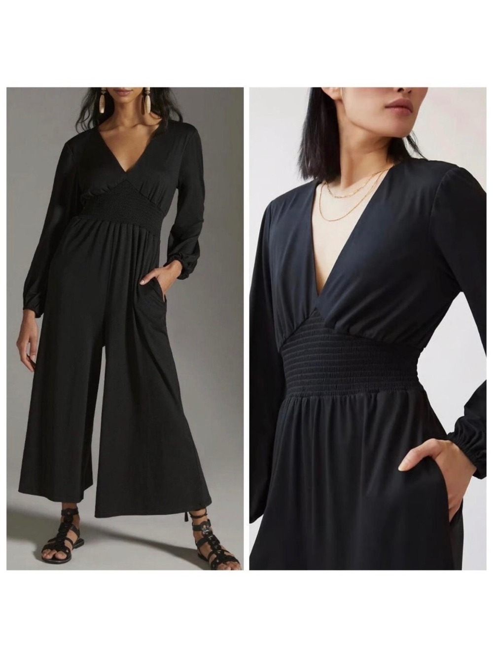 Hutch Anthropologie Black Smocked Waist Wide Leg Jumpsuit Size M
